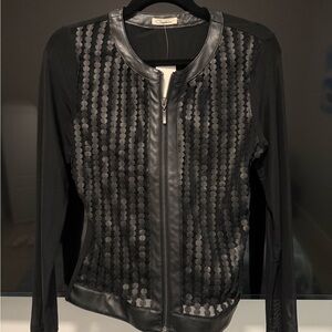 NEW Black zippered Sheer Mesh Jacket with Leather Paneled Accents NWT